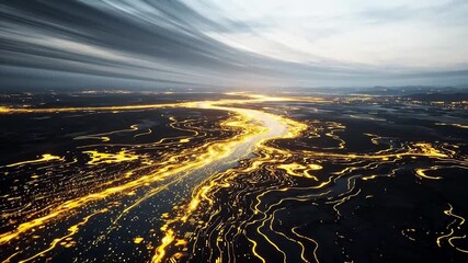 Epic 3D rendering of a massive golden data river flowing across a dark digital global map landscape with large copy space. - Powered by Adobe