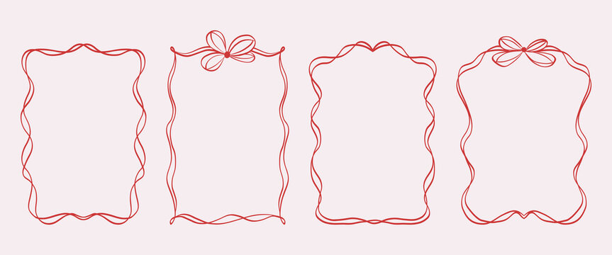 Cute wavy frames with wavy lines, bows and ribbons. Vector hand drawn vintage border set. Whimsical borders for wedding invitations, birthday card, lunch menus.
