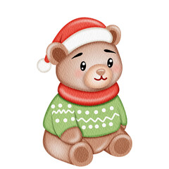 Cute Woodland bear Christmas Watercolor. © Walaiporn Sangkeaw