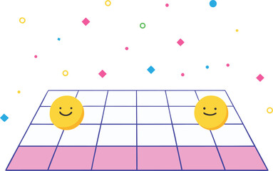Vector illustration of glowing dance floor grid with jumping emojis fun party celebration