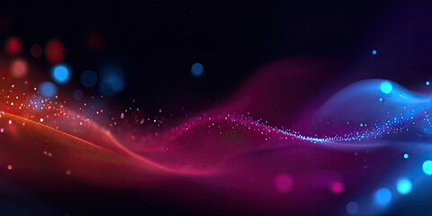 An abstract, flowing background with curves and bokeh, primarily in red, purple, and blue hues