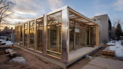 Obraz premium Steel engineered skeleton for house, minimal framed environment, soft light diffusion