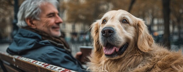 Middle-aged man sits on a park bench with his happy golden retriever, enjoying a calm outdoor moment