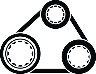 Timing belt winding around three pulleys, representing an automotive or industrial mechanism