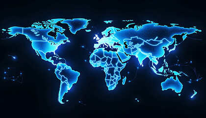 Glowing Blue Digital World Map on Dark Background