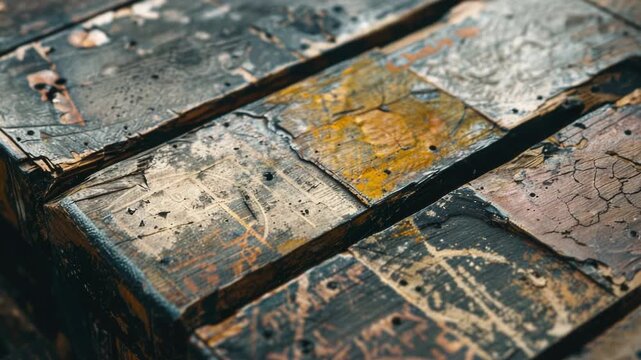Video Close-up shot of an old wooden box with intricate carvings and worn texture