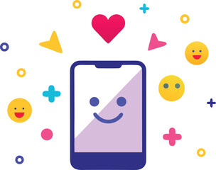 Joyful phone screen illustration with happy emoji icons and heart graphics vector