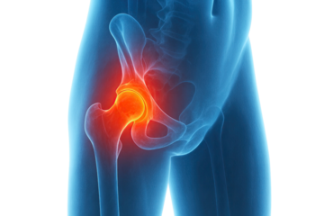 Detailed anatomical illustration of human hip joint showing highlighted inflammation and painful femur socket region clearly isolated on white background