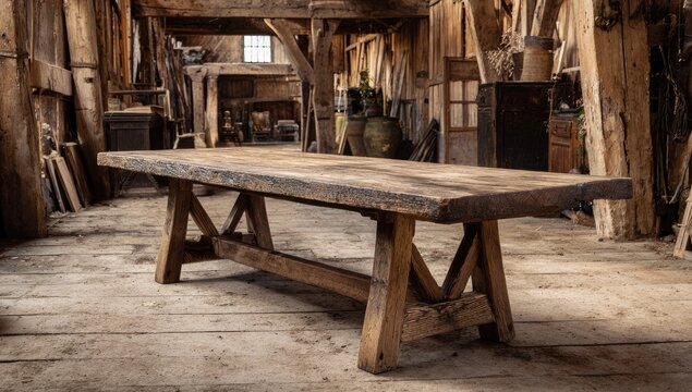 Large, rustic wooden table in a weathered interior, showcasing craftsmanship and natural elements