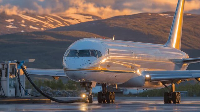 453Golden hour fueling operation at an airport, reflective vest catching sunlight, fuel hose curving elegantly toward the plane&rsquo;s undercarriage