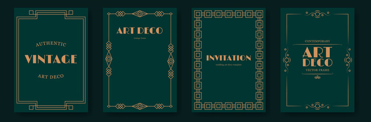 Art deco invitation cards. Gold elegant vintage wedding invitation posters with luxury geometric frames, gala party flyer design, golden decorative thin line border. Vector frame set