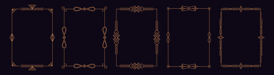 Art deco gold frames. Elegant line ornament borders, luxury golden decorative labels for wedding invitation card, simple thin modern geometric antique vintage elements. Vector set