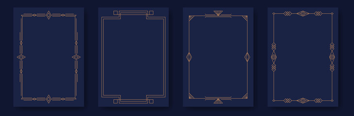 Art deco frames. Luxury gold borders minimal line style, elegant golden geometric decoration labels, gala party blank poster and wedding invitation card design. Vector contemporary set