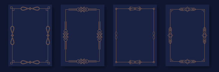 Art deco frames. Luxury borders minimal line style, elegant gold geometric decoration labels, gala party blank poster and wedding invitation card design. Vector contemporary set