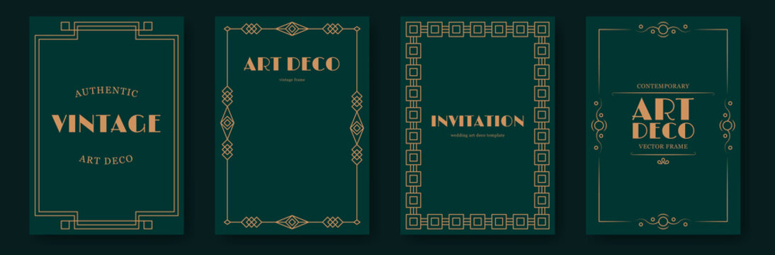 Art deco invitation cards. Gold elegant vintage wedding invitation posters with luxury geometric frames, gala party flyer design, golden decorative thin line border. Vector frame set - Powered by Adobe