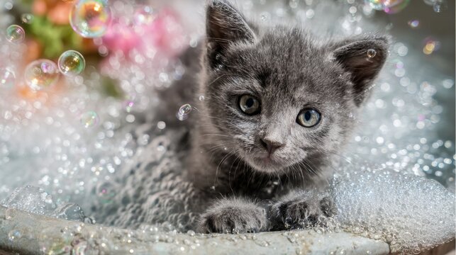 Adorable gray kitten surrounded by soap bubbles in a playful and colorful setting with flowers, showcasing innocence and joyfulness of pets