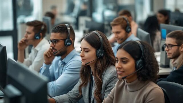 Answering incoming calls, three headset agents handling client calls, typing and speaking at office