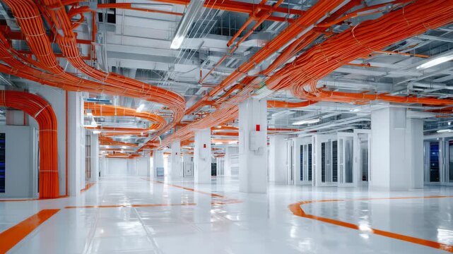 463Modern data center view showing bright orange network wiring against clean white walls, cables organized with precision, reflecting a sense of efficiency and order