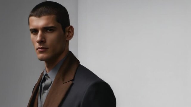 Camera cueing male model shifting shoulders, turning head leftward in studio showing brown lapel