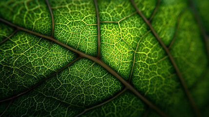 A close-up view of a vibrant green leaf, showcasing its intricate venation pattern and natural texture.