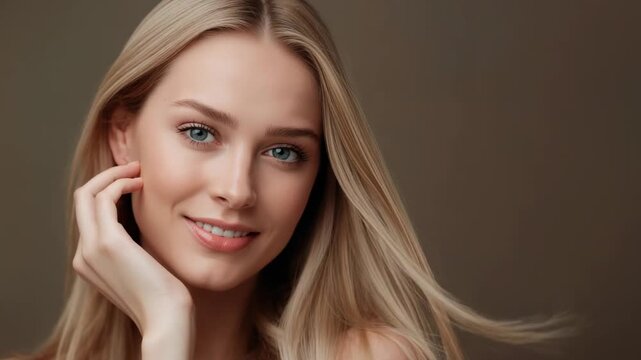 Posing blond model hand to cheek off camera fan blowing hair strapless beauty studio brown backdrop
