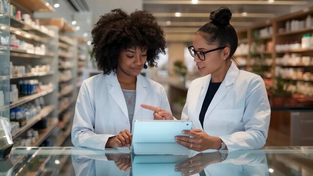 Raising right pharmacist pointing tablet at pharmacy glass counter, teaching colleague in lab coats