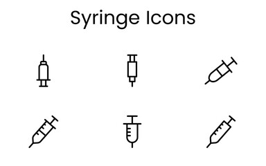 Clean syringe icon set featuring medical injection tools, healthcare equipment, vaccination symbols and outline graphics ideal for clinics, hospitals and apps.