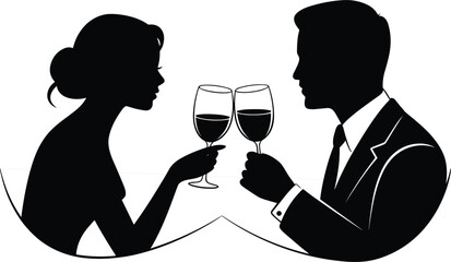 Silhouette of a Couple Toasting with Wine Glasses at a Table Keywords: couple, silhouette, toasting, wine glasses, clinking