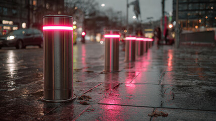 Modern Metal Bollards With Neon Pink Red Light Rings On Wet Urban Square In Rainy Weather