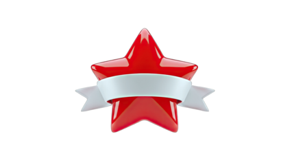 Glossy Red Star with White Ribbon Banner on White Background