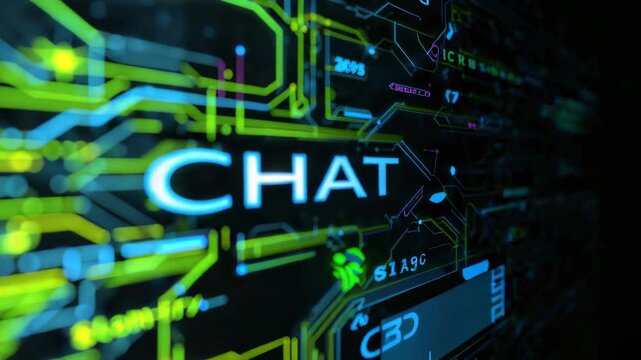Zooming camera revealing glowing CHAT label on digital circuit panel, exposing neon traces and UI