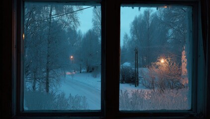 A frosted window frames a snow-covered scene trees, road, and streetlights glow at twilight