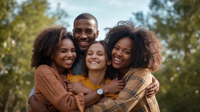 Holding four adults hugging tight in park, already gathered, showing bond, rust knit, plaid, watch