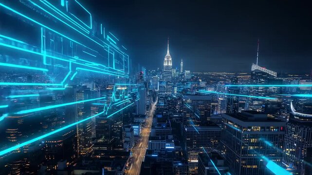 Appearing left cyan hologram sending binary lines across long avenue to main tower, mapping grid