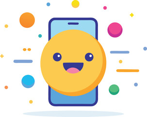 Happy emoji leaping from mobile phone screen vector illustration for digital content