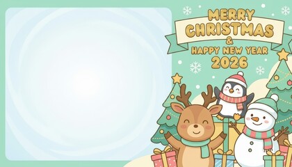Fototapeta premium Joyful holiday celebration featuring cute cartoon characters christmas theme digital illustration winter wonderland festive environment cheerful concept for seasonal greetings