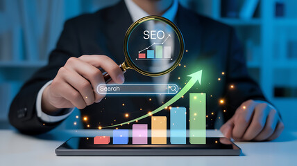 Businessman analyzes seo data through magnifying glass with rising graph visualization.