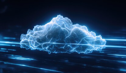 Glowing digital cloud with electrical charges, streaks on a dark background