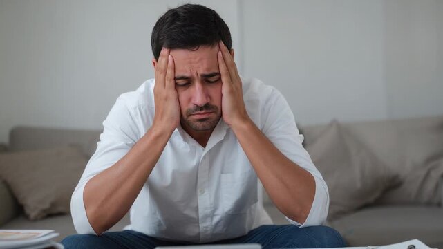 Noticing bills, man in white shirt and jeans pressing temples at home with tablet, cash
