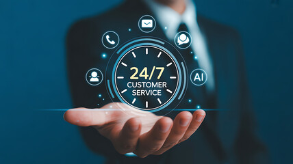 Businessman holds hologram showing 24 7 customer service interface with ai chat and support icons.