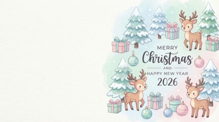 Obraz premium Festive celebration with reindeer and christmas trees winter wonderland graphic design cheerful atmosphere artistic perspective seasonal greeting for 2026