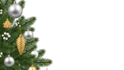 Christmas tree branch with silver and gold ornaments isolated on a transparent background