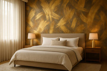 Luxurious bedroom interior with a bold, abstract gold brushstroke texture accent wall, cream-colored upholstered bed, and minimalist gold base table lamps