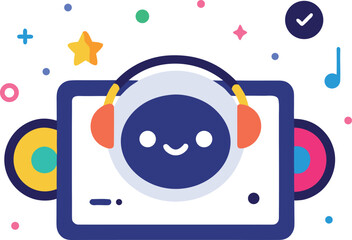 Cute dj robot mixing music on tablet vector illustration for music events and entertainment