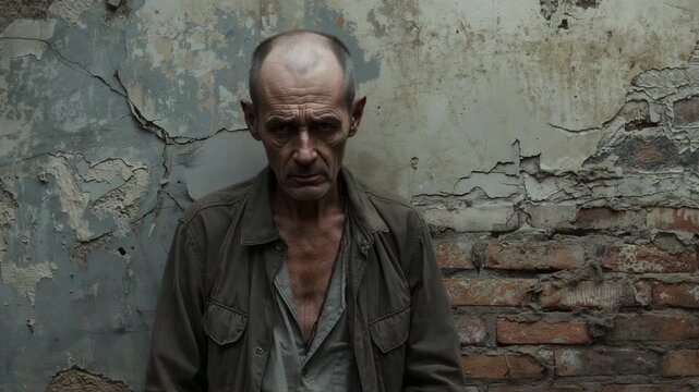 Camera zooming man squaring shoulders, lifting head against alley wall, olive coat looking focused