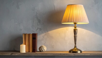 Cozy interior scene with pleated beige lamp, lit candles, and stacked books on wooden surface against textured gray wall.