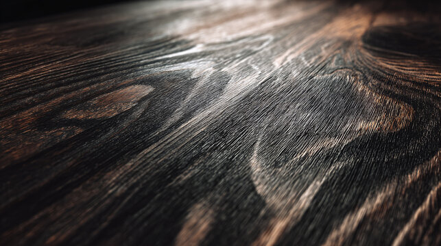 Close-up of a wooden surface, highlighting the grain and texture. The wood is dark with light streaks