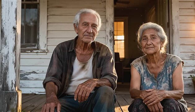  Pareja de ancianos  sentados en una terraza de su casa mirándose a los ojos con ternura