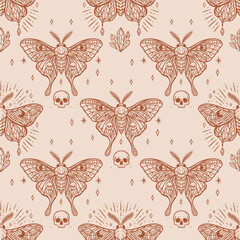 Seamless mystical moth pattern with skulls and crystals in terracotta line art