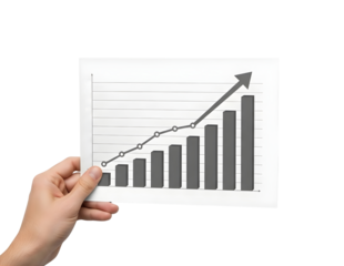 Hand holding a rising bar graph representing financial growth isolated on transparent background